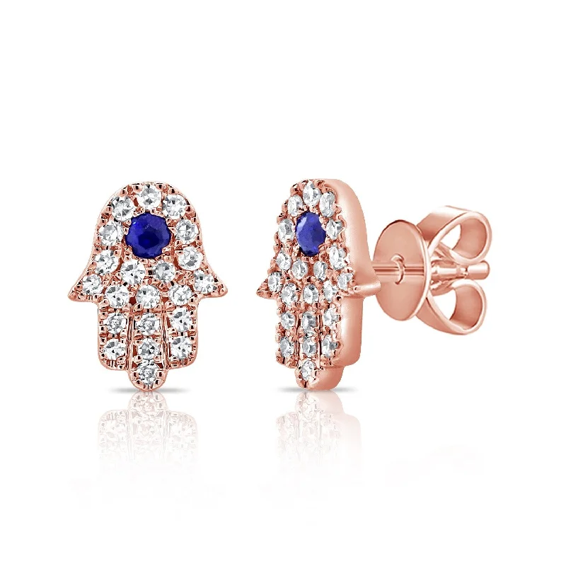 fashion diamond stud earrings-Joelle Diamond & Sapphire Hand Hamsa Studs Earrings 14K Gold 1/8 ct. TDW