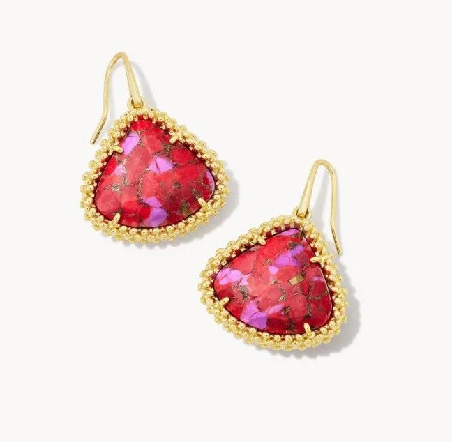 trendy stud earrings-Kendrall Framed Gold Plated Large Drop Earrings in Bronze Veined Red & Fuchsia by Kendra Scott