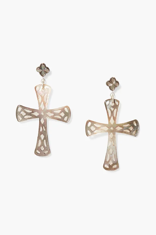 stud earrings for special occasions-Lourdes Cross Earrings Black MOP