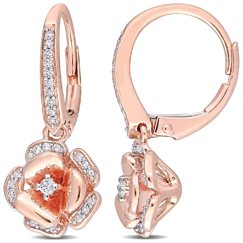 zirconia stud earrings-Miadora 10k Rose Gold 1/5ct TDW Diamond Floral Drop Leverback Earrings