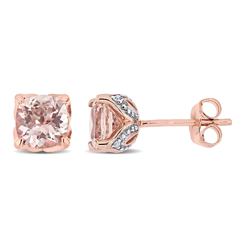 gold stud earrings with pearls-Miadora 10k Rose Gold Cushion-cut Morganite & Diamond Accent Solitaire Stud Earrings - 6.5mm x 6.5mm x 5.7mm