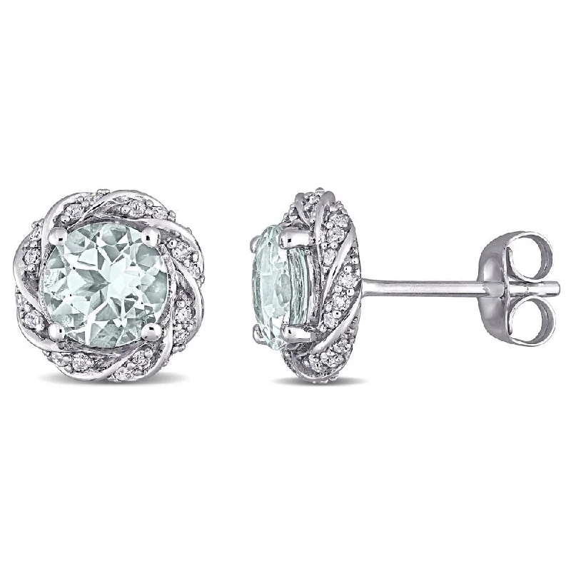 stud earrings with amethyst-Miadora 10k White Gold Aquamarine and 1/5ct TDW Diamond Swirl Halo Stud Earrings