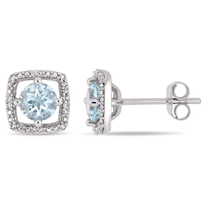 women’s birthstone stud earrings-Miadora 10k White Gold Aquamarine Diamond Floating Halo Stud Earrings