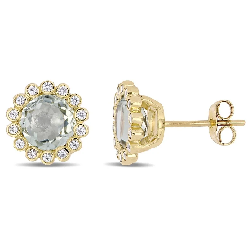 crystal and pearl stud earrings-Miadora 10k Yellow Gold Green Amethyst White Sapphire Halo Stud Earrings