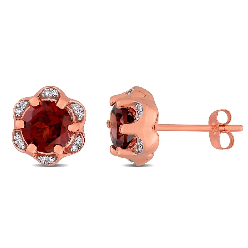 fashion stud earrings with rhinestones-Miadora 14k Rose Gold Garnet and Diamond Accent Flower Stud Earrings