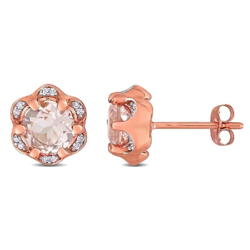 handmade stud earrings-Miadora 14k Rose Gold Morganite and Diamond Accent Flower Stud Earrings