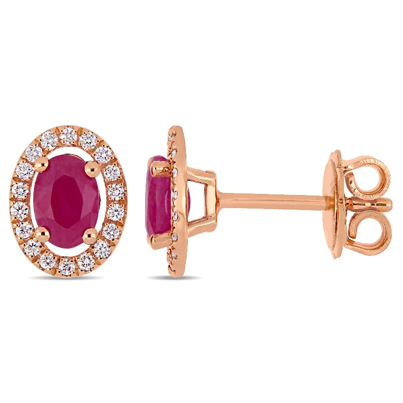 custom stud earrings-Miadora 14k Rose Gold Ruby and 1/5ct TDW Diamond Oval Halo Stud Earrings