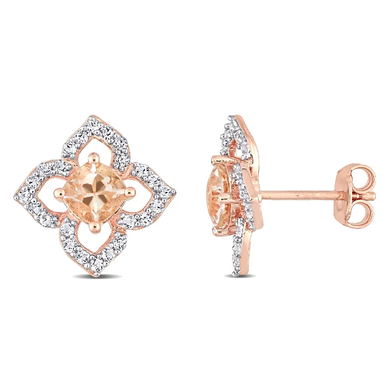 women’s pearl and gold stud earrings-Miadora Cushion-cut Morganite and White Topaz Quatrefoil Stud Earrings Rose Plated Sterling Silver