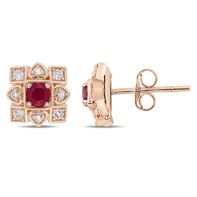 vintage silver stud earrings-Miadora Signature Collection 10k Rose Gold Ruby and 1/5ct TDW Diamond Clustered Square Halo Artisanal Stud Earrings