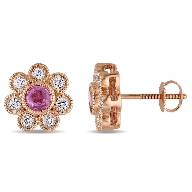 small stud earrings for women-Miadora Signature Collection 14k Rose Gold Pink Sapphire and 4/5ct TDW Diamond Flower Stud Earrings (G-H, SI1-SI2)