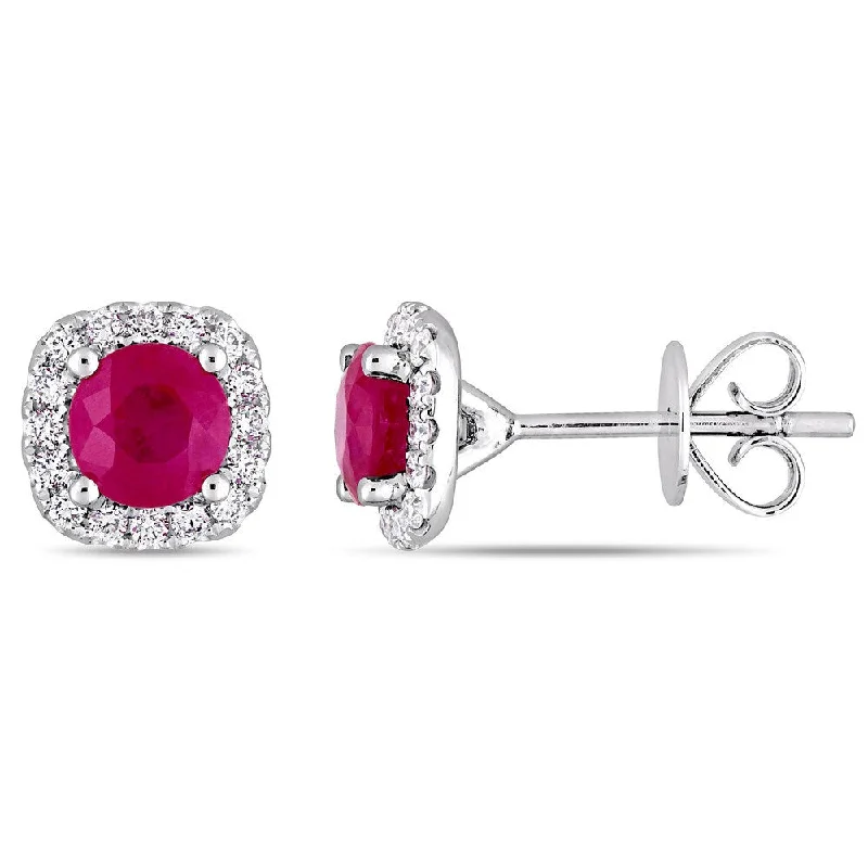 classic gold stud earrings-Miadora Signature Collection 14k White Gold Ruby and 1/4ct TDW Diamond Halo Stud Earrings - Red