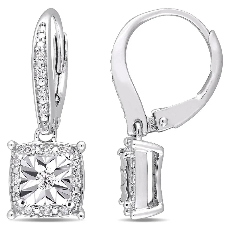 silver flower stud earrings-Miadora Sterling Silver 1/5ct TDW Diamond Square Halo Leverback Earrings