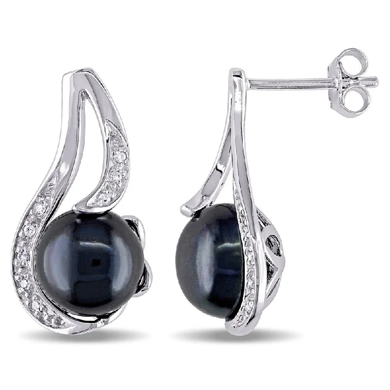 pearl stud earrings for women-Miadora Sterling Silver Black Genuine Freshwater Pearl and Diamond Accent Earrings (9-10 mm)