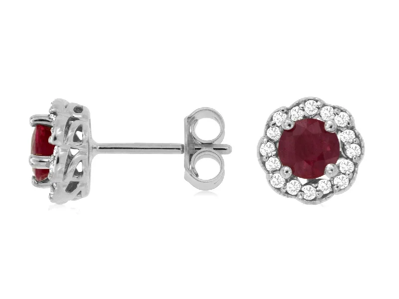 luxury gold stud earrings-14K White Gold Ruby and Diamond Earrings