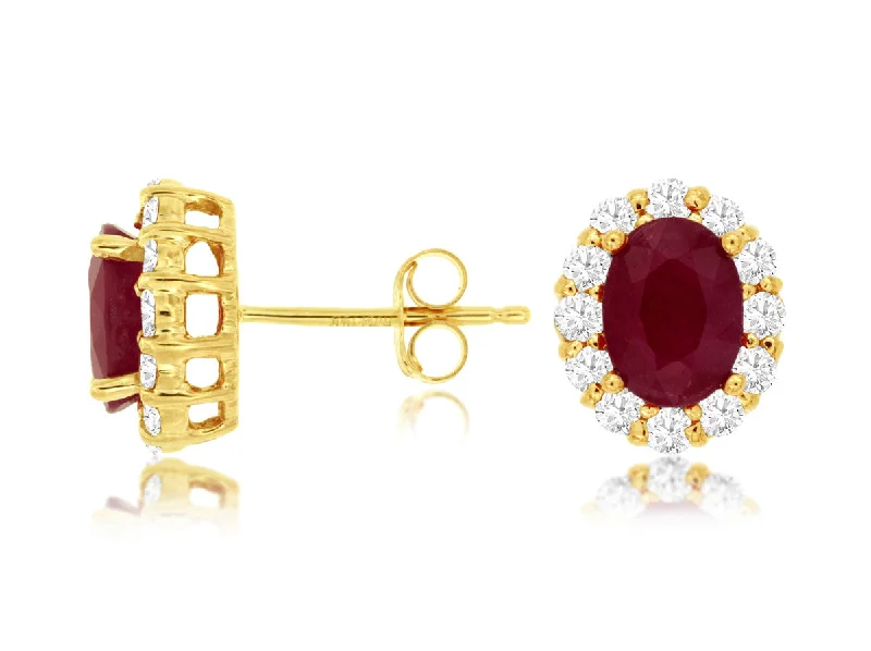 sterling silver star stud earrings-14K Yellow Gold Ruby and Diamond Earrings