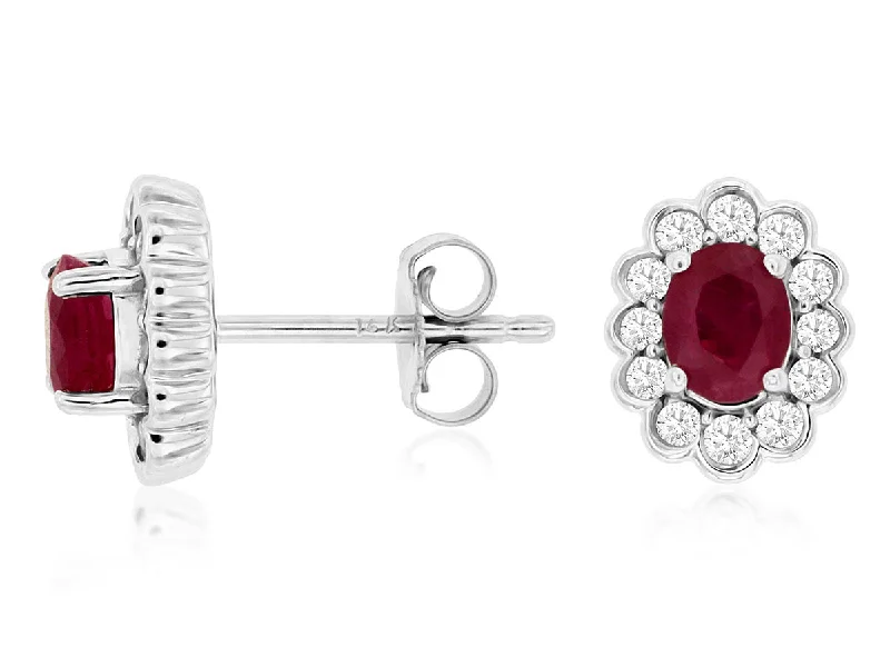 gold stud earrings with gemstones-14K White Gold Ruby and Diamond Earrings