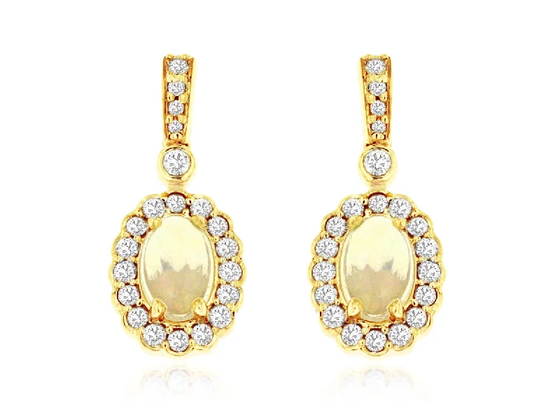 diamond stud earrings for everyday wear-14K Yellow Gold Opal and Diamond Earrings