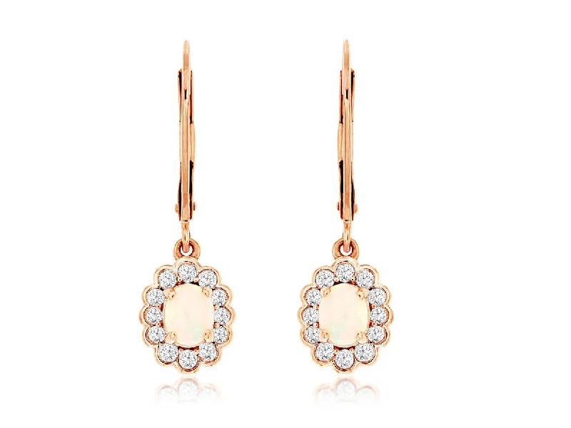 pearl and diamond stud earrings-14K Rose Gold Opal and Diamond Dangle Earrings