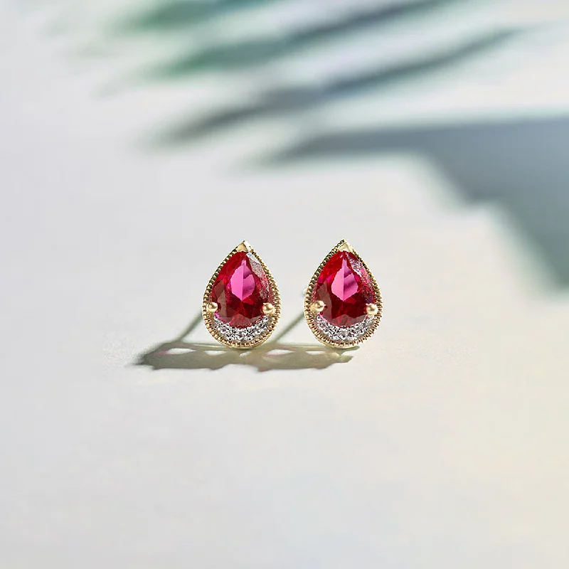 stud earrings with cubic zirconia-Pear Ruby & Diamond Earrings