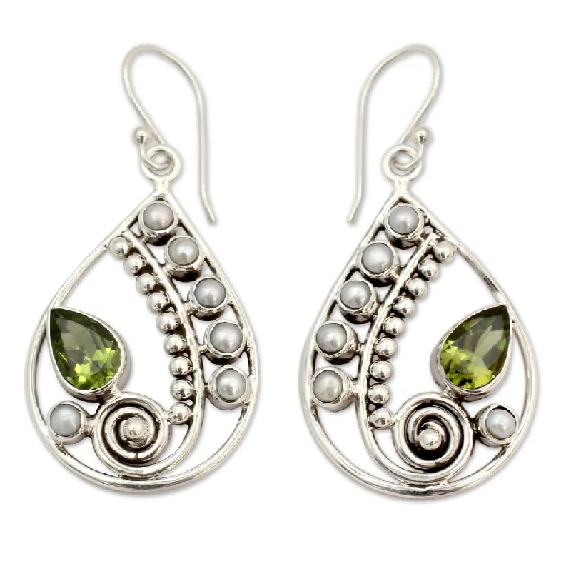 simple stud earrings for women-Peridot and Cultured Pearl Dangle Earrings, 'Inspired Paisley' (India) - 1.8*0.9