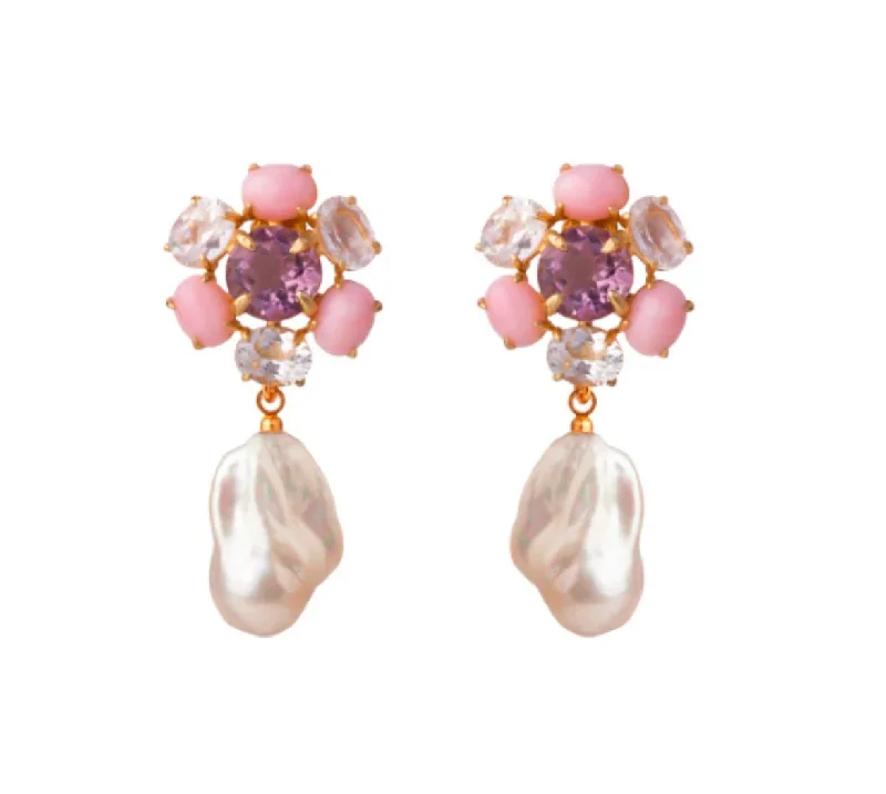 rainbow stud earrings for women-Pink Opal Flower