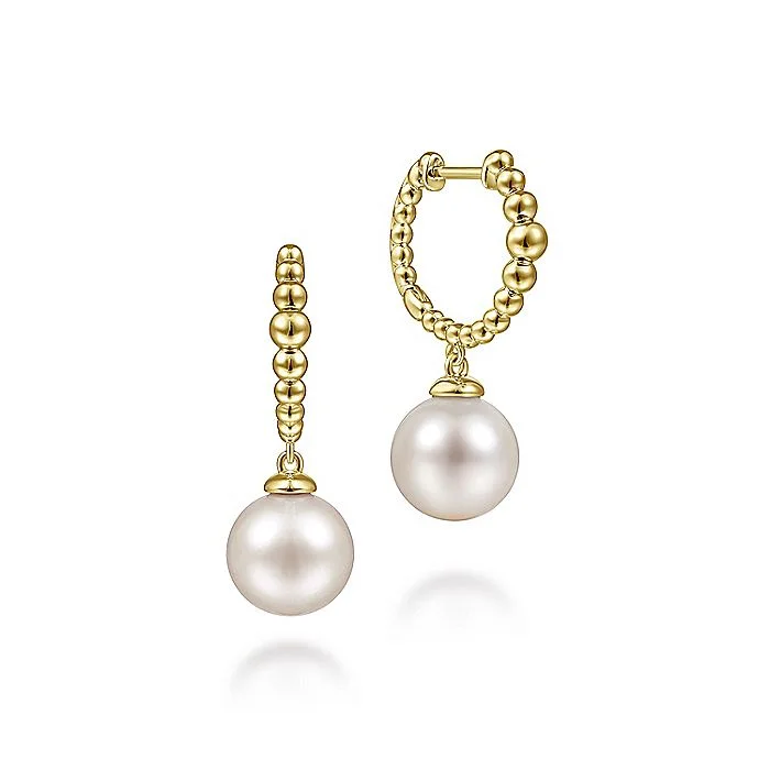 crystal stud earrings-Yellow Gold Beaded Pearl Drop Earrings