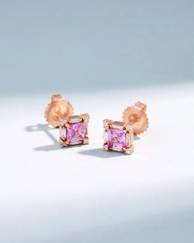 minimalist gold stud earrings-Princess Midi Pink Sapphire Studs