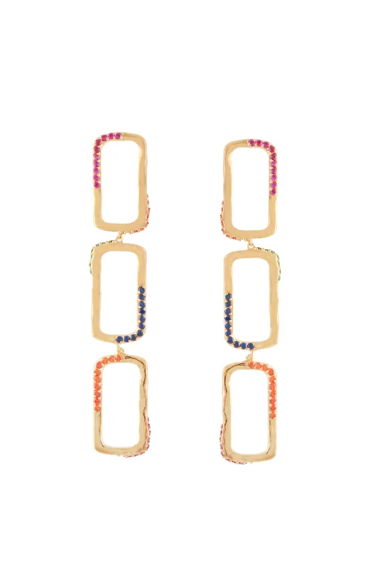 cubic zirconia stud earrings-RECTANGLE WAVE CHAIN EARRINGS WITH MULTI COLORED STONES