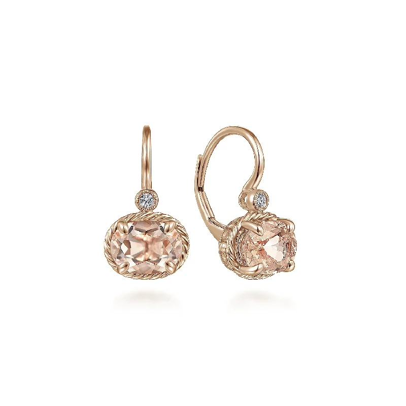 minimalist stud earrings-14K Rose Gold Oval Morganite and Diamond Leverback Earrings