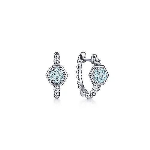 minimalist stud earrings-14K White Gold Hexagonal Aquamarine and Diamond Huggies Earrings