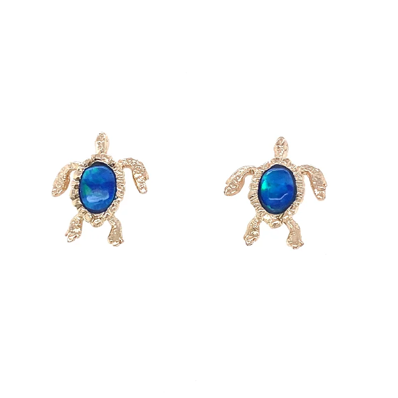 pearl stud earrings for women-14K Yellow Gold Petite Opal Turtle Earrings