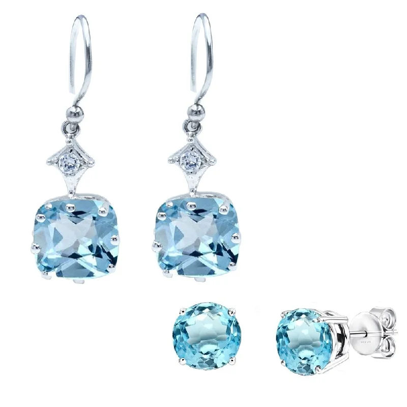 silver stud earrings for women-Set of Two Sterling Silver with Natural Sky Blue Topaz and White Topaz Earrings