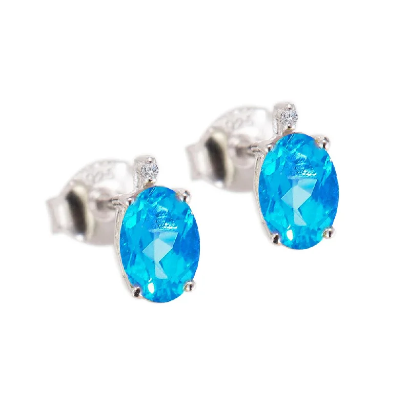 women’s colorful stud earrings-Sterling Silver 1.15 ct Oval Blue Topaz and White Diamond Earring