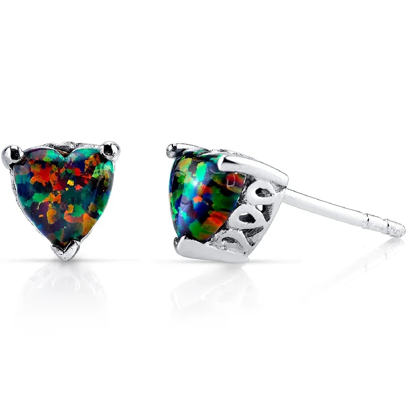 stud earrings for teens-Sterling Silver 1.25ct Created Opal Heart Stud Earrings