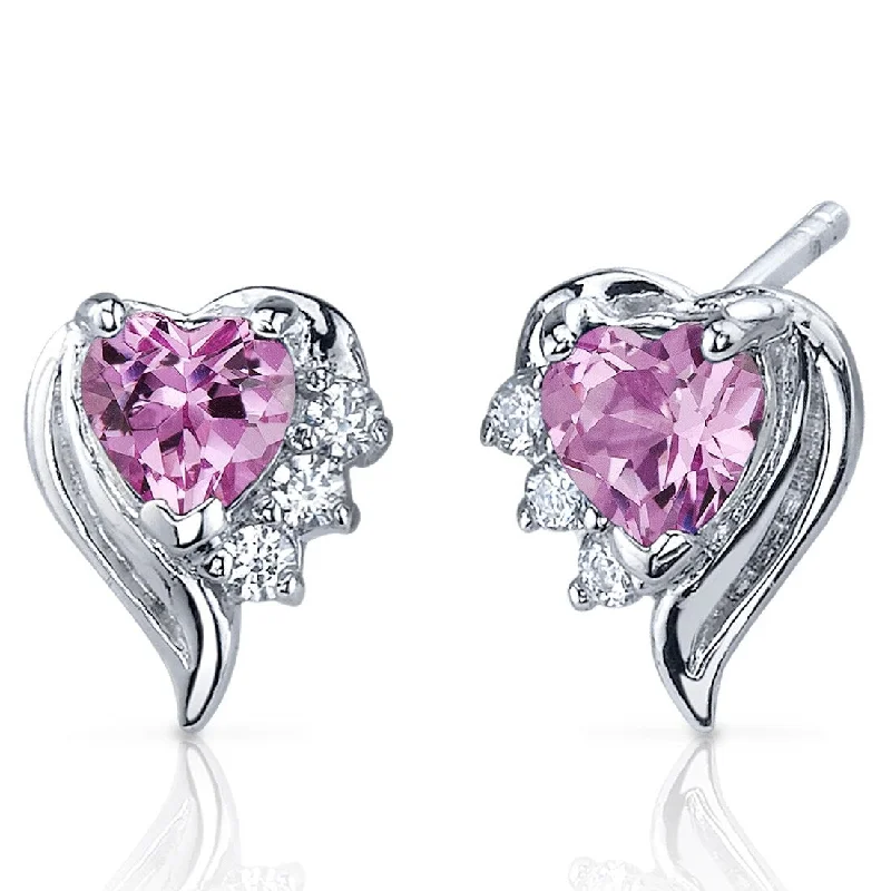 sterling silver hoop stud earrings-Sterling Silver 1.5ct Created Pink Sapphire Heart Stud Earrings