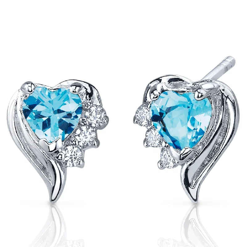 stud earrings for sensitive ears-Sterling Silver 1ct Swiss Blue Topaz Heart Stud Earrings