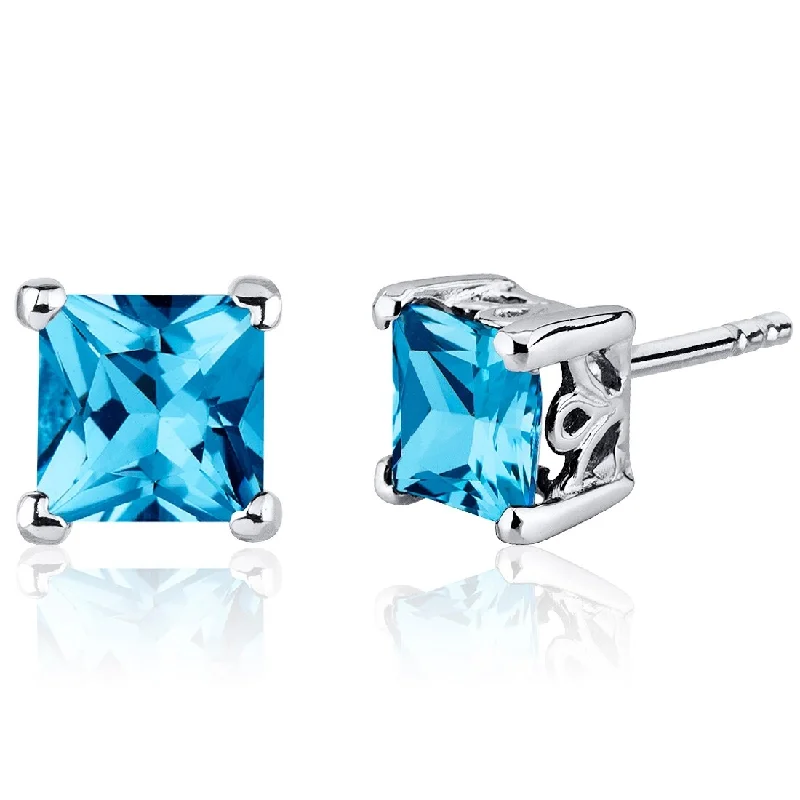 double diamond stud earrings-Sterling Silver 2.5ct Swiss Blue Topaz Princess Stud Earrings