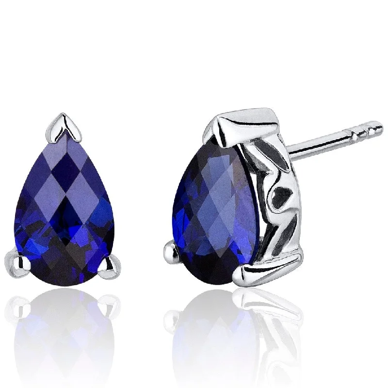 silver stud earrings for brides-Sterling Silver 2ct Created Sapphire Pear Stud Earrings