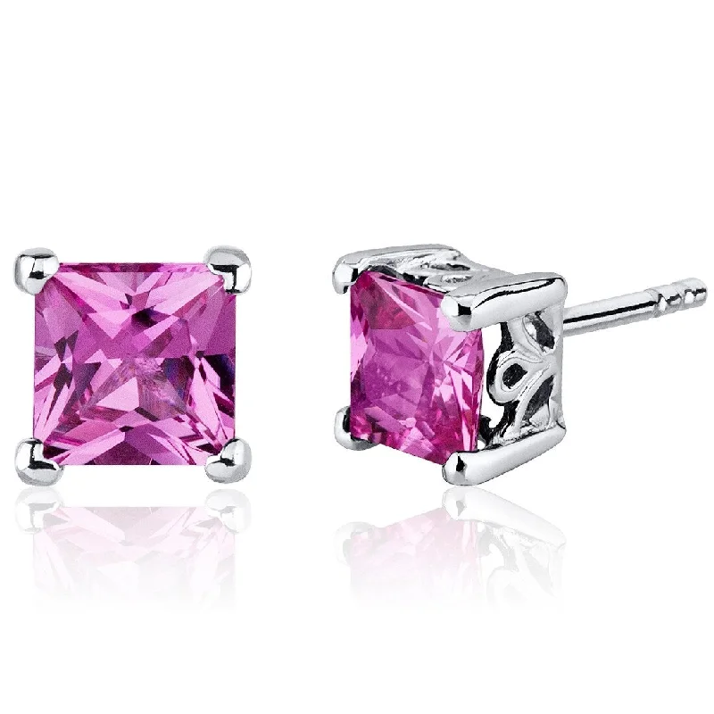 white gold stud earrings-Sterling Silver 3ct Created Pink Sapphire Princess Stud Earrings