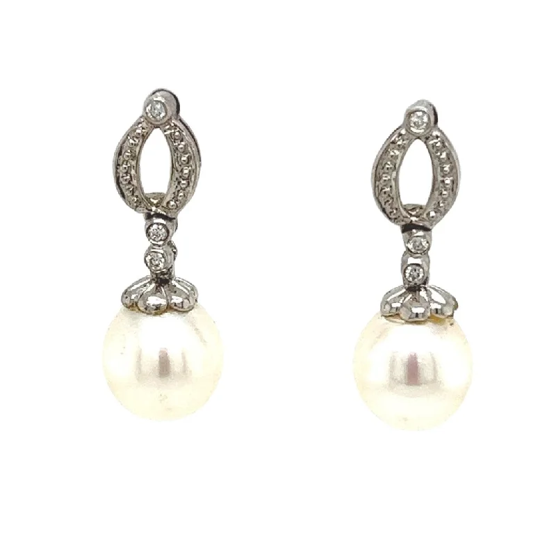 sterling silver stud earrings-Sterling Silver 8-8.5mm FW Pearl & 0.049cttw Diamond Earrings