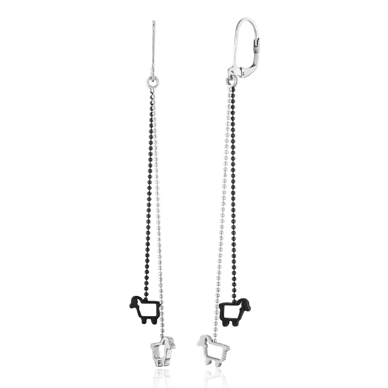 silver star stud earrings-Sterling Silver Chained Two Ewe Leverback Drop Earrings