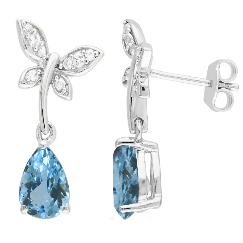 luxury stud earrings-Sterling Silver with Aquamarine and White Topaz Drop Earring