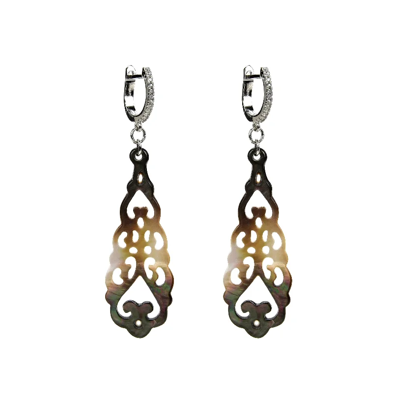 rose gold stud earrings-Sterling Silver with Black Shell and Cubic Zirconia Dangle Earring