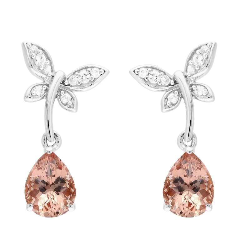 silver stud earrings with gemstones-Sterling Silver with Morganite and White Topaz Drop Earring