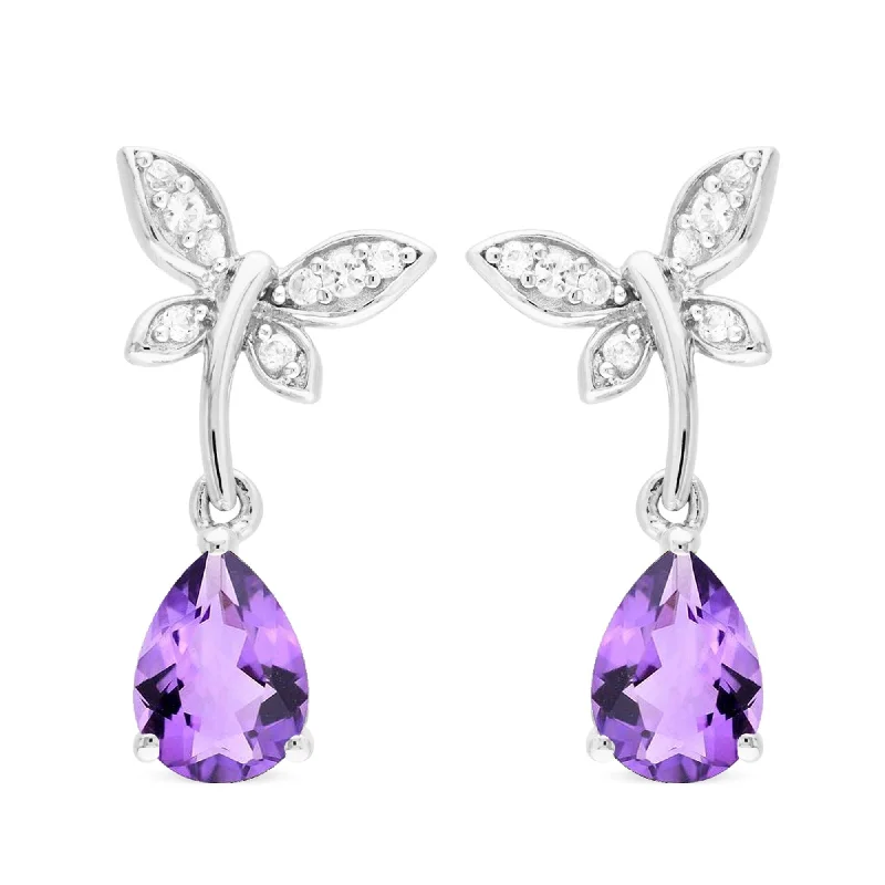 sparkly stud earrings-Sterling Silver with Natural Amethyst and White Topaz Drop Earring