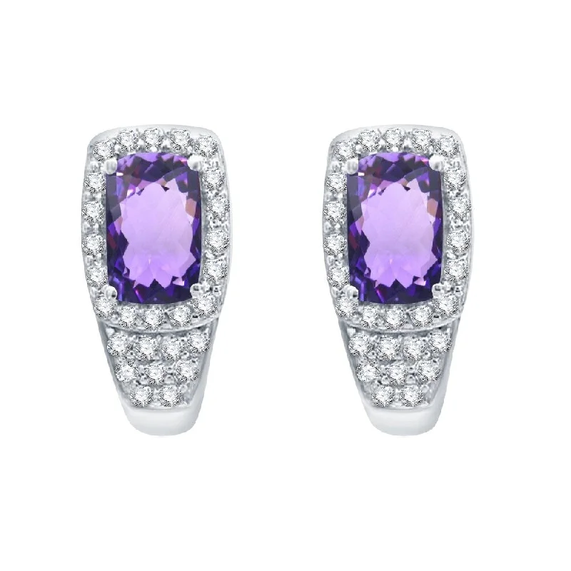 silver stud earrings for brides-Sterling Silver with Natural Amethyst and White Topaz Rectangular Earring