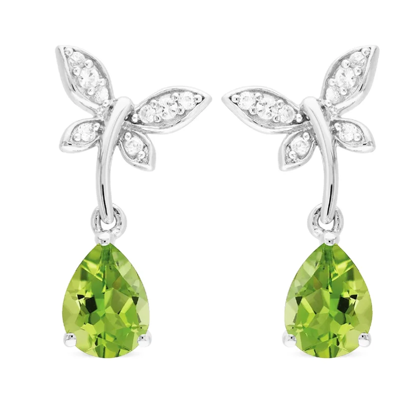 hoop and stud earrings set-Sterling Silver with Natural Peridot and White Topaz Drop Earring